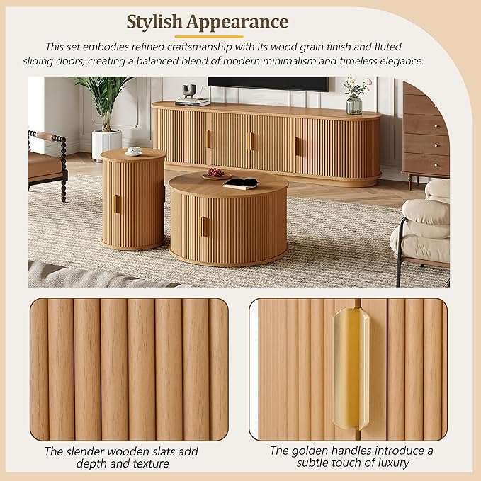 Wooden TV Stand & Coffee Table Set with Fluted Sliding Door for TVs up to 75", Golden Handles Media Console with Cable Hole, Farmhouse Round Center Table for Living Room, Natural, Teak