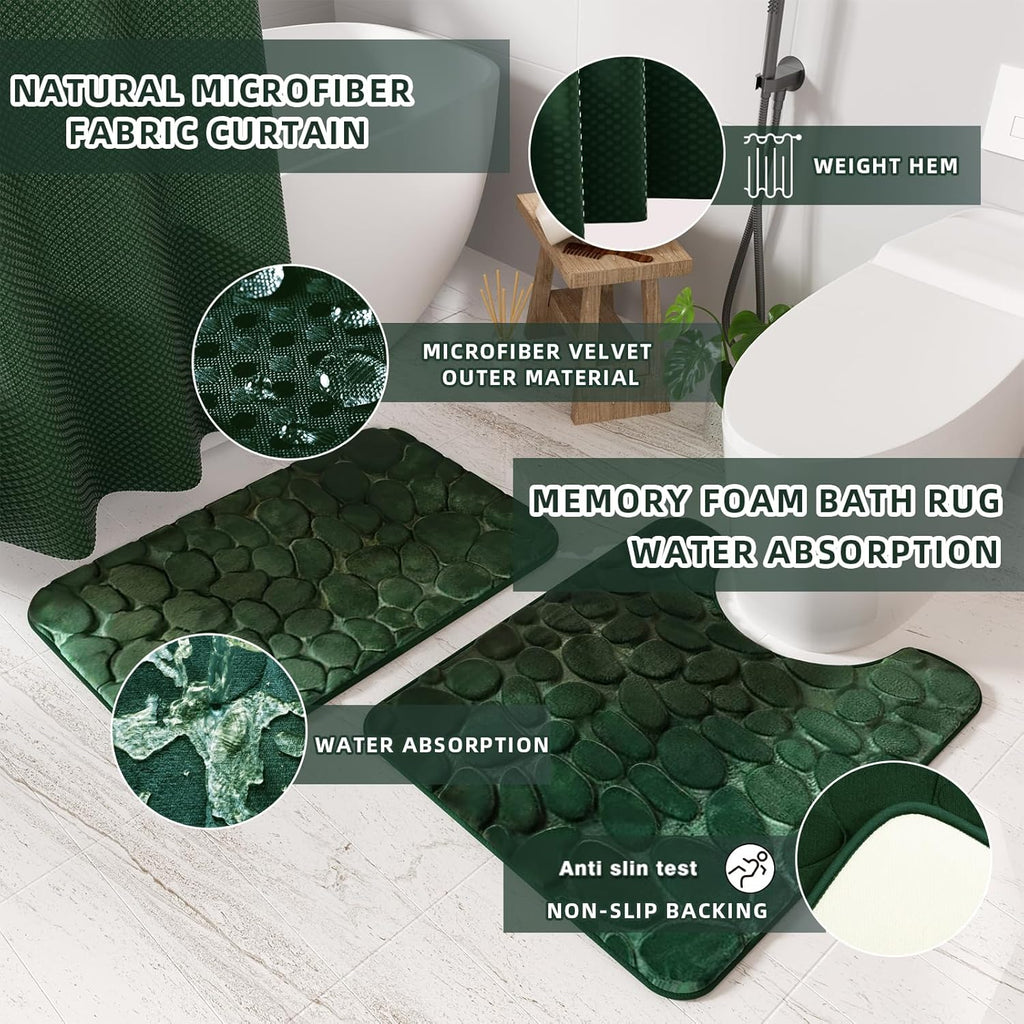Bathroom Set- 25PC Green Bathroom Sets, Bathroom Set with Shower Curtain and Rugs, Dark Green Shower Curtain Set, Bathroom Accessories Set, Bathroom Trash Can
