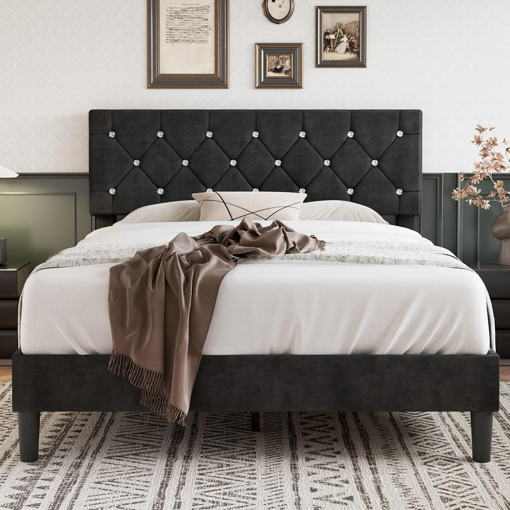 VECELO Queen Size Bed Frame, Upholstered Platform with Adjustable Diamond Tuf...