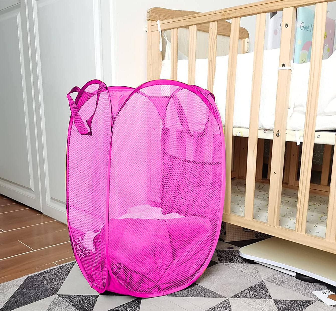 Larpur 2Pack Foldable Popup Laundry Basket, Collapsible Portable Mesh Clothes Washing Laundry Hamper with Reinforced Carry Handles (Pink)
