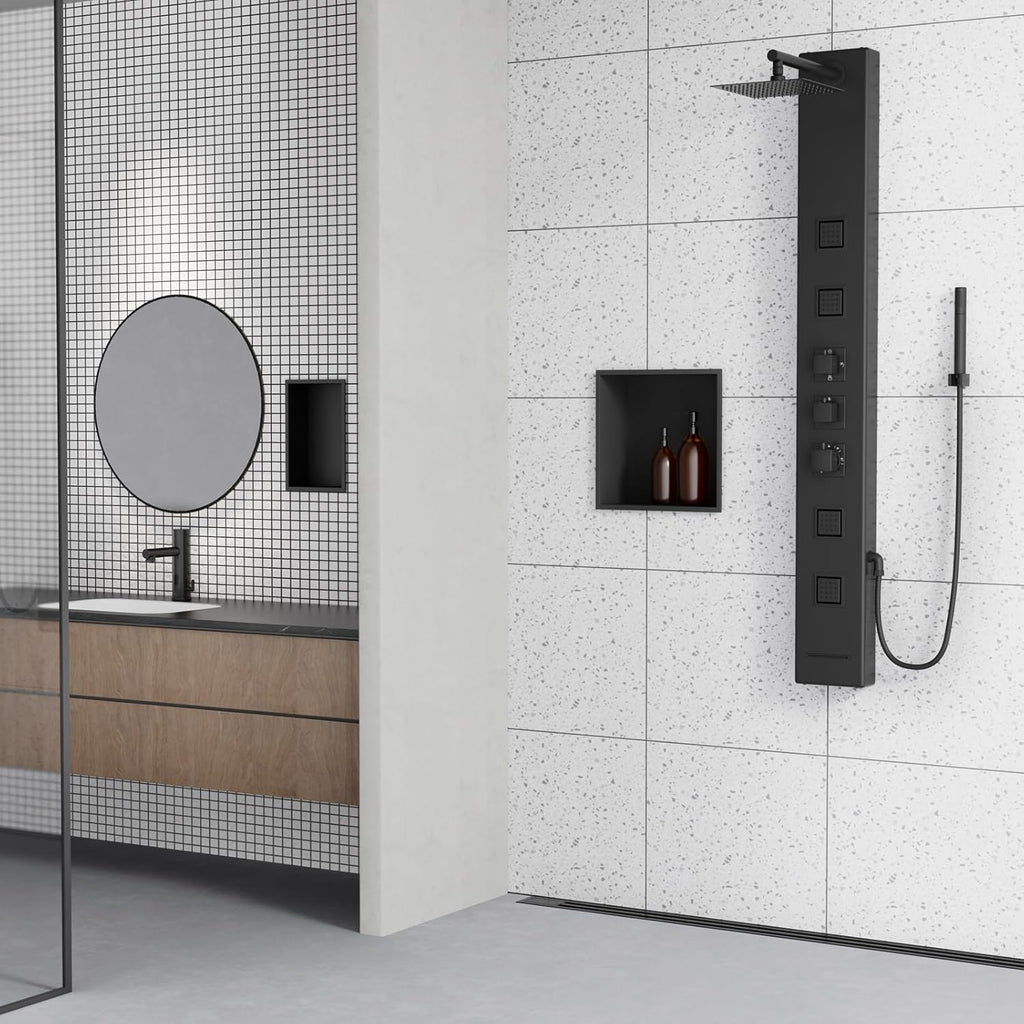 Achelous Stainless Steel Insert Shower Niche 12" X 12", No Tile Needed, Recessed Shower Shelf Organizer, Matte Black