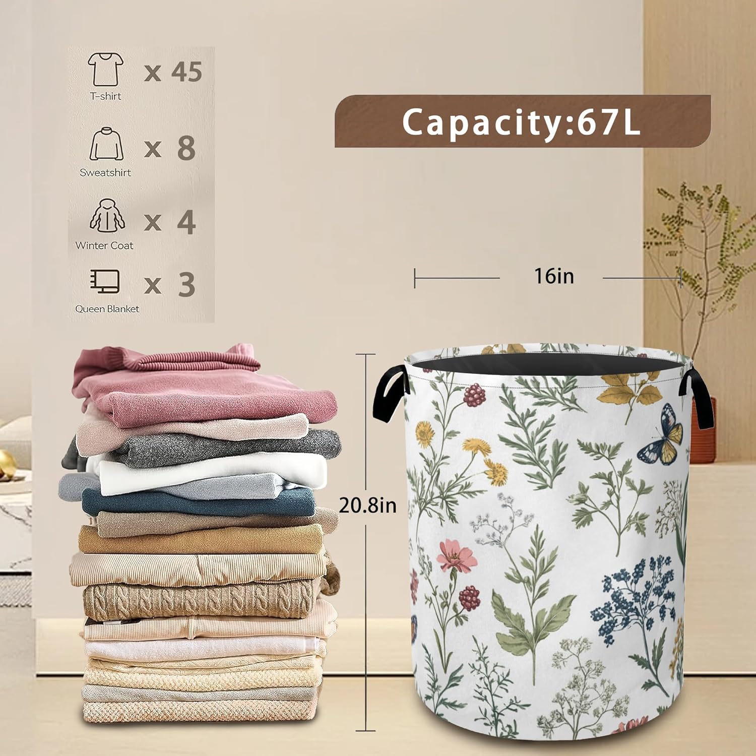 Beautiful Floral Laundry Hamper,Collapsible Laundry Baskets,Flowers Butterfly Dirty Clothes Baskets with Handles,Oxford Cloth Hamper for Bedroom,Bathroom,College Dorms,16"x20"