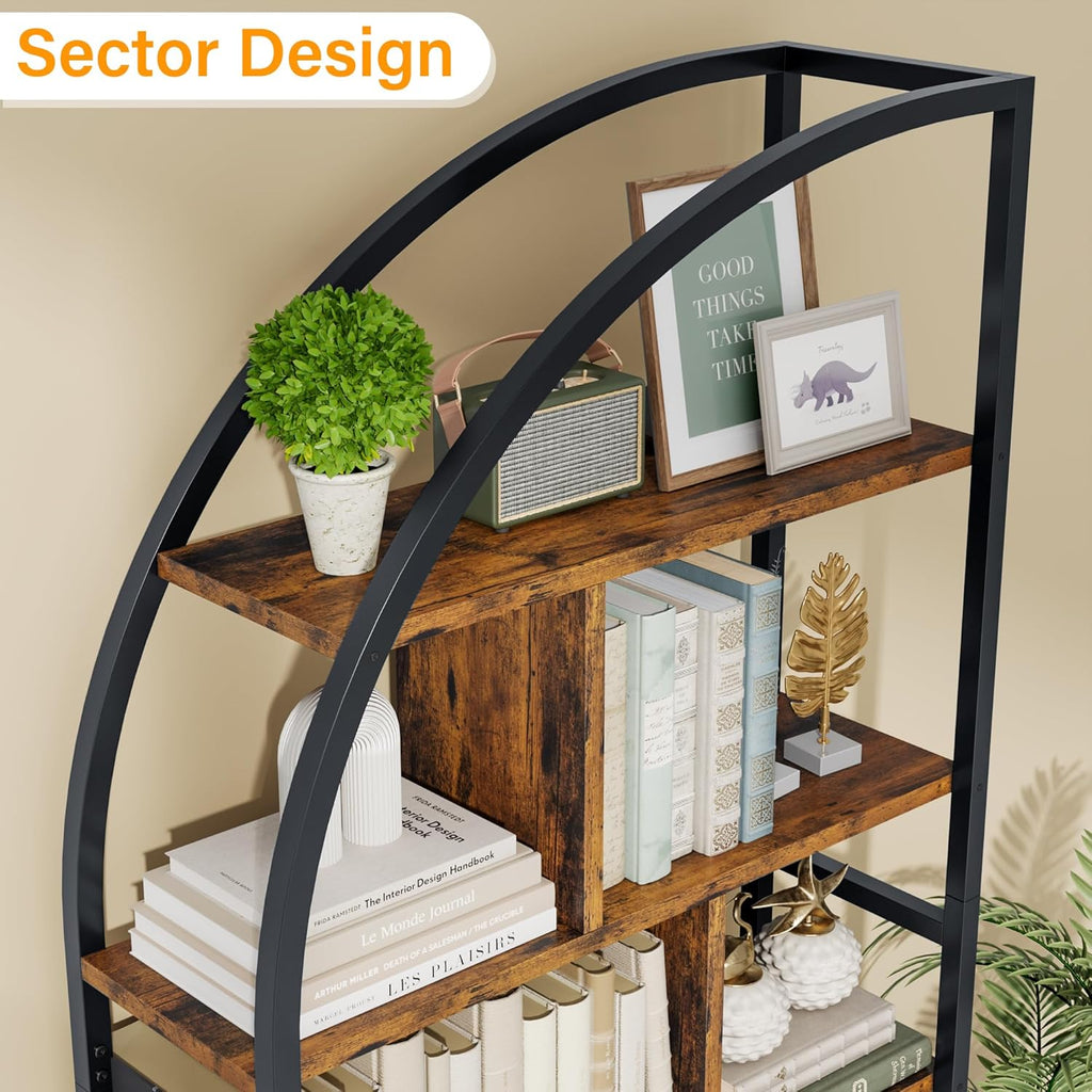 Jehiatek 71" Arc Gold Bookshelf with Storage Cabinet, Tall 6 Tiers Industrial Bookcase with Sturdy Metal Frame, Geometric Book Shelf for Lving Room, Home Office, Black and Brown