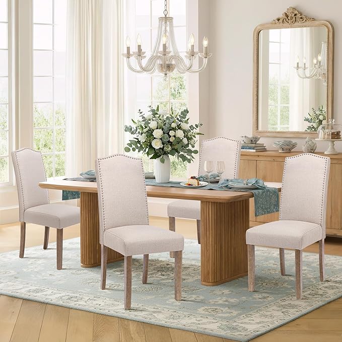 Upholstered Dining Chair Modern Stylish Parsons Kitchen Diner High Back with Silver Nailhead Trim & Wood Legs, Set of 4, Fabric Beige