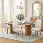 Upholstered Dining Chair Modern Stylish Parsons Kitchen Diner High Back with Silver Nailhead Trim & Wood Legs, Set of 6, Fabric Beige
