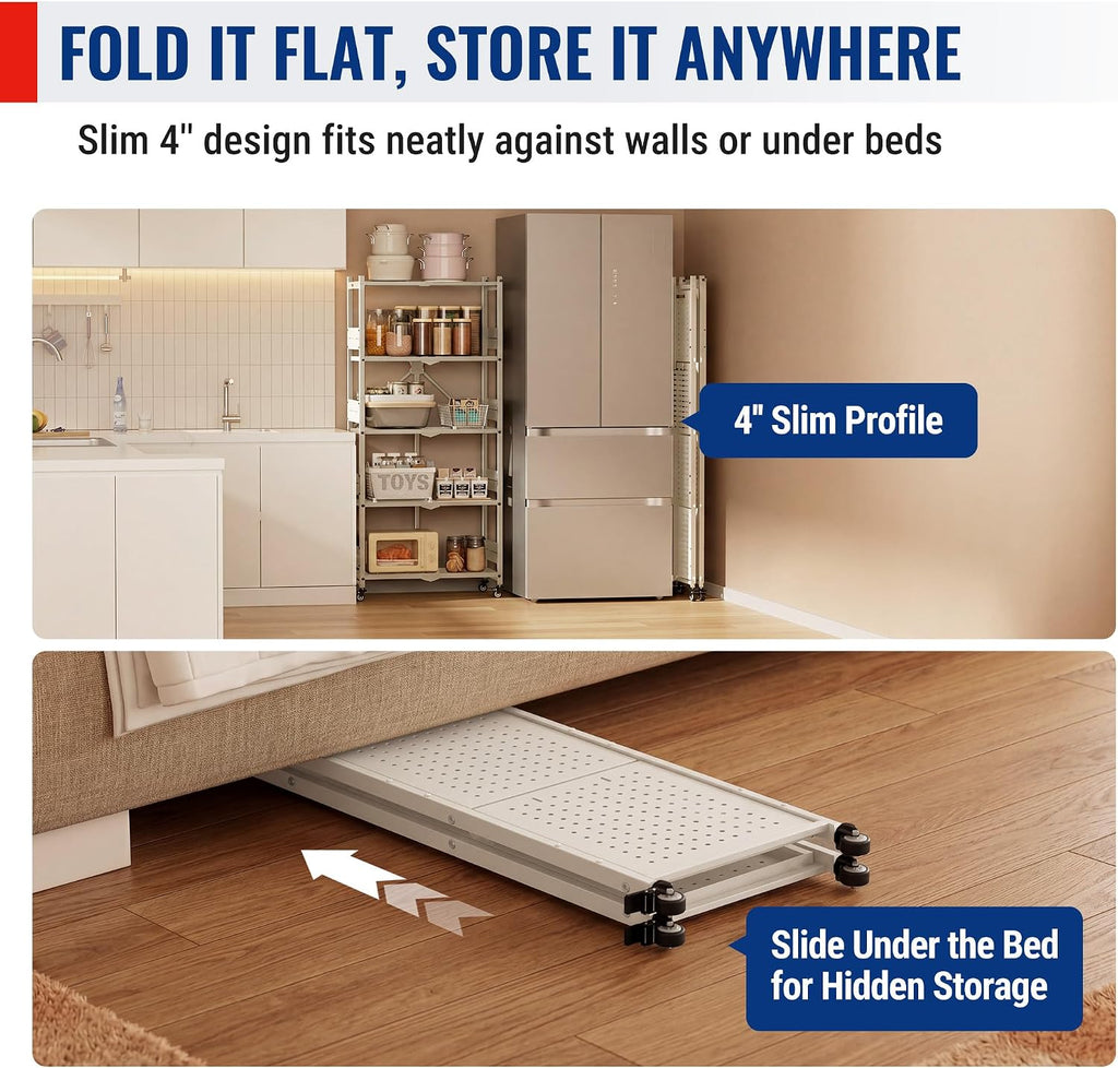 WORKPRO 5-Tier Folding Shelf, No-Assembly Metal Storage Rack with Wheels, 750 lbs Capacity (with Leveling Feet), Collapsible Shelving Unit for Kitchen, Pantry, Closet & Craft Shows - White