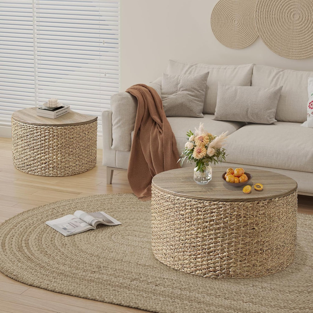 Nesting Coffee Table Set of 2, Rustic Crate and Barrel Coffee Table, Hand-Woven Woven Nesting Tables with Soild Wood Cover for Living Room, Bedroom