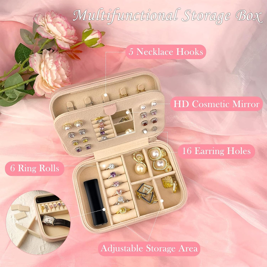 TopPerfekt Travel Jewelry Case, Jewelry Box with Mirror, Jewelry Organizer Bridal Shower Gifts to Her, Earring Storage Travel Case, Trendy Gift for Women and Girls, Girlfriend-Letter A, Pink