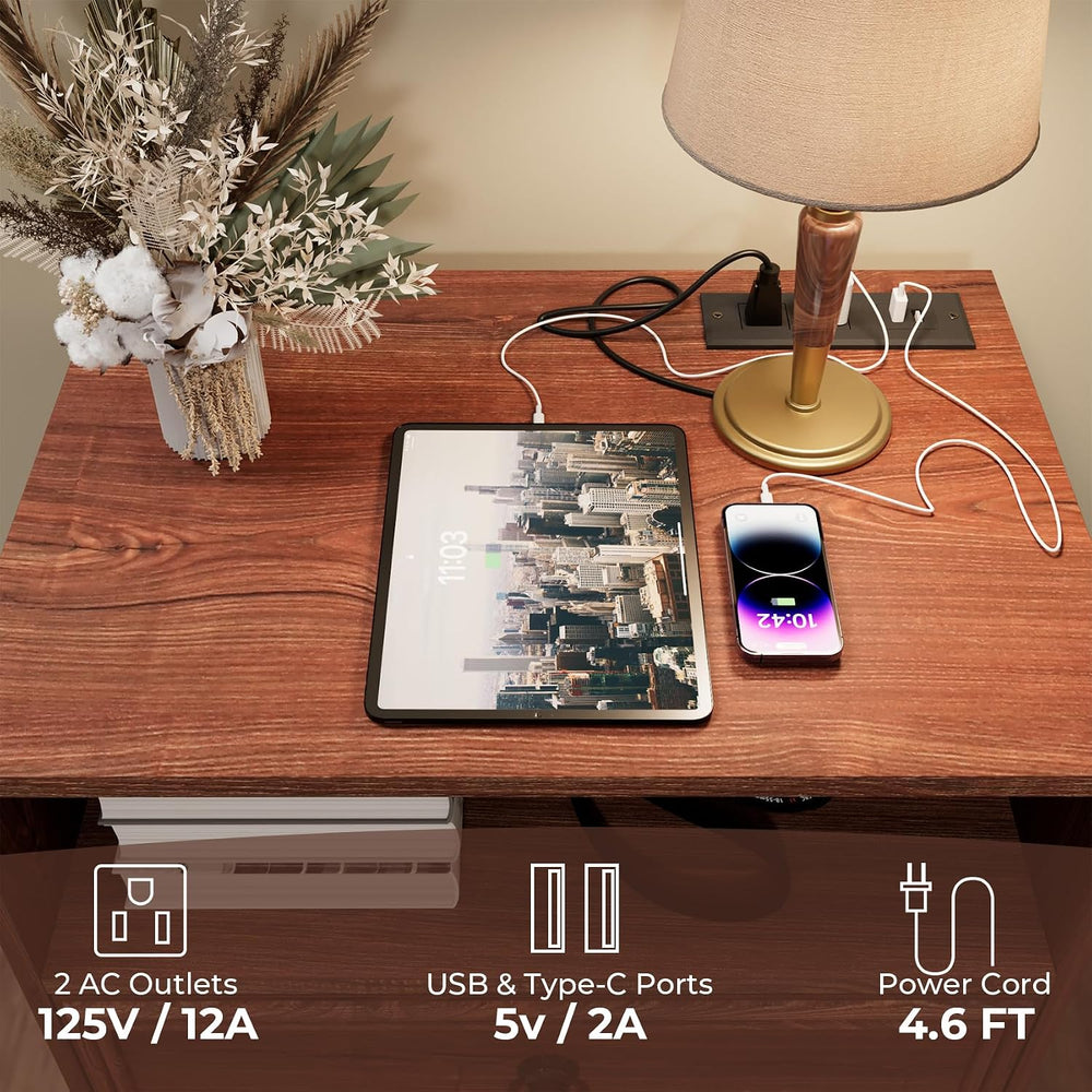 Bigbiglife Farmhouse End Table with Charging Station, 21.7inch Wide Bedside T...