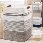DOFASAYI Laundry Basket - 85L Large Cotton Rope Blanket Basket with Leather Handles, Decorative Storage Hamper, Clothes Hamper for Living Room, Bedroom, Rice Brown & White