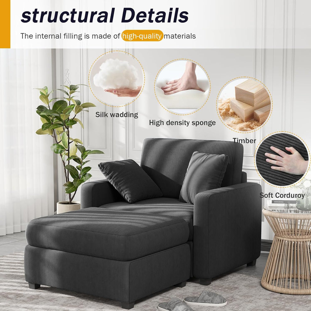 42" Oversized Chaise Lounge Chair Indoor, Corduroy Upholstered Cloud Sof...