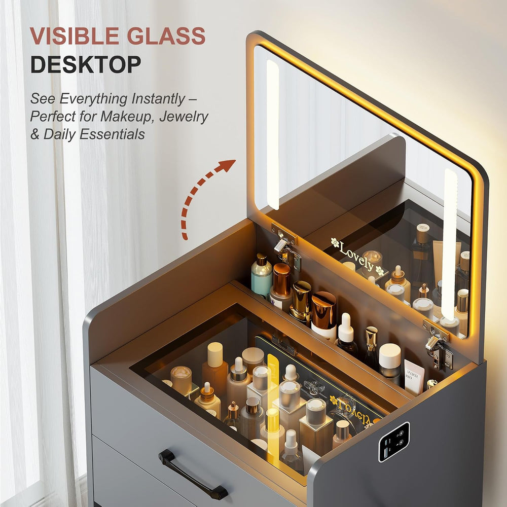 Lvifur 3 in 1 Vanity with Mirror and Sensor Lights,Charging Station,Grey | Gl...