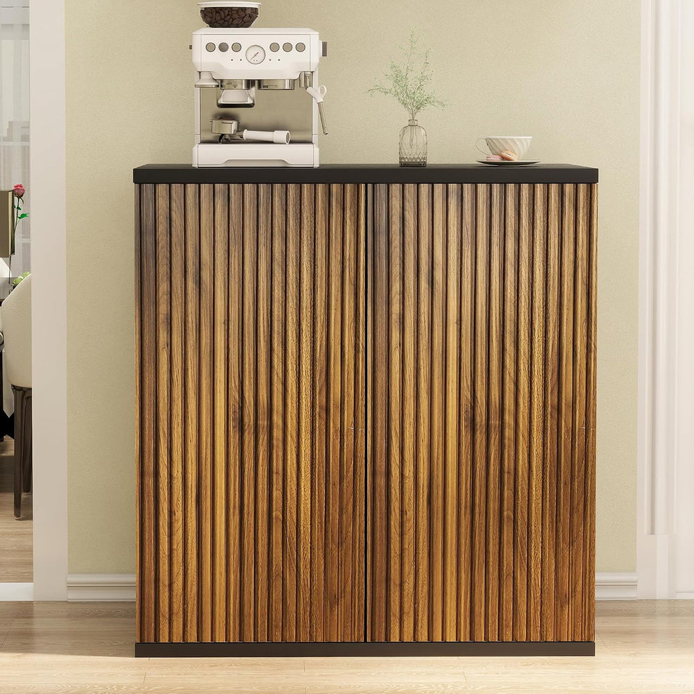 Buffet Cabinet with Storage Walnut Fluted Wooden Accent Sideboard with Pop-Up...