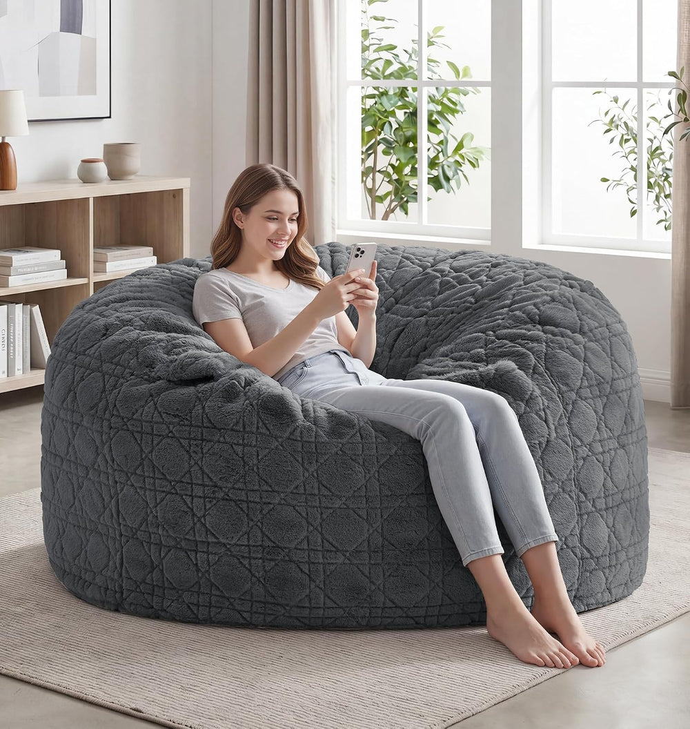 fond + found Giant Bean Bag Chair with Plush Quilted Cover, 5FT Darkgrey | Pl...