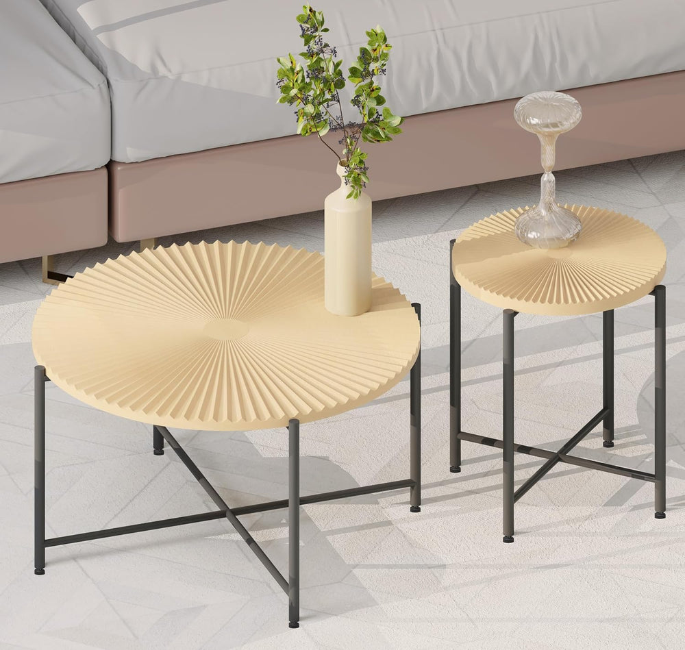 2-Piece Coffee and End Table Set, Round, Oak Natural | Distressed Cylindrical...