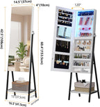 LVSOMT 3 LEDs Mirror Jewelry Cabinet, 60.4" Jewelry Mirror Full Length, Standing Lockable Jewelry Armoire Organizer, Floor Mirror with Storage for Jewelry Cosmetics, White