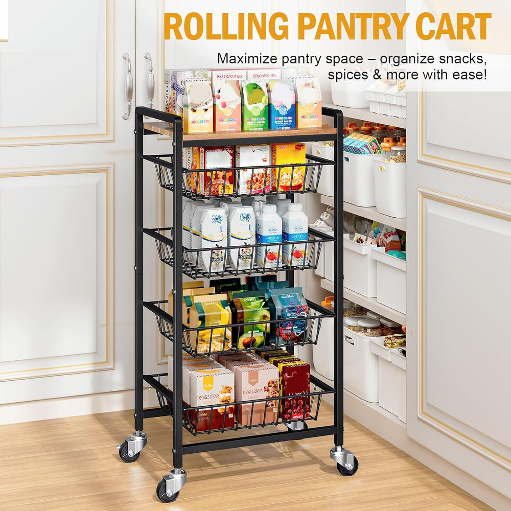 TOOLF 5 Tier Kitchen Storage Cart, Metal Utility Rolling Snack Cart | Wooden ...