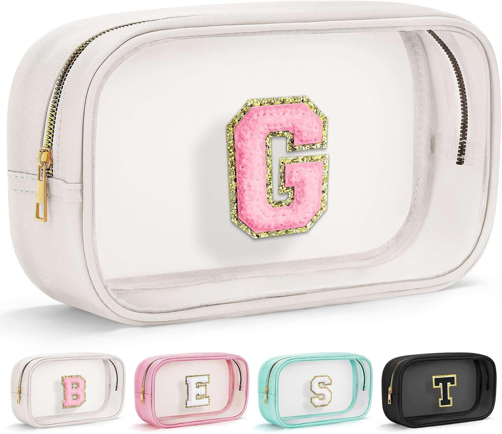 YOOLIFE Initial Make Up Bag Travel Toiletry Bag, Clear Makeup Bag Preppy Cosmetic Bag Travel Essentials Gifts for Women Teen Girlfriend Teacher Mom Birthday Daughter Gifts Swim Gifts For Girls White G