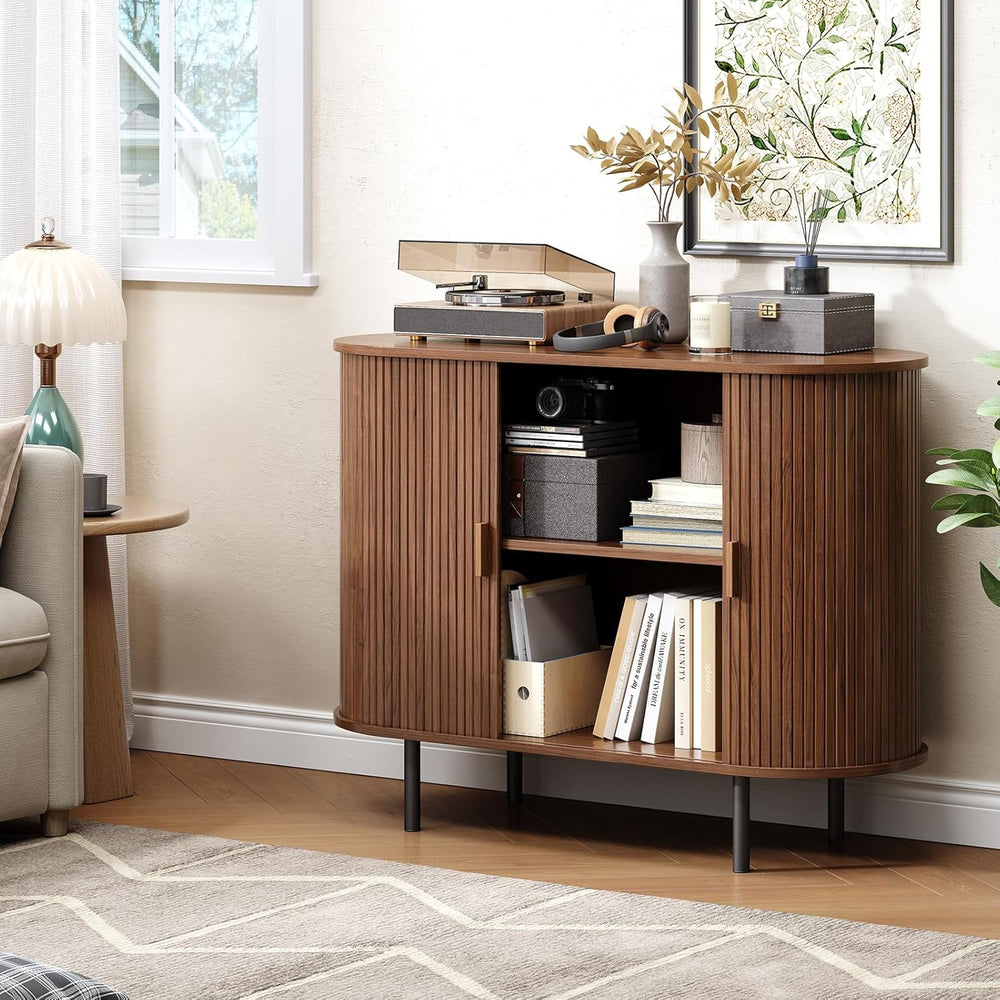 Buffet Cabinet with Storage, Fluted Sideboard Buffet with Sliding Door, Coffe...