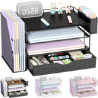 gianotter Wood Desk Organizers and Accessories with File Holder, 4-Tier Desk Accessories & Workspace Organizers with Drawer and Pen Holder, Paper Organizer for Office Supplies (Black)