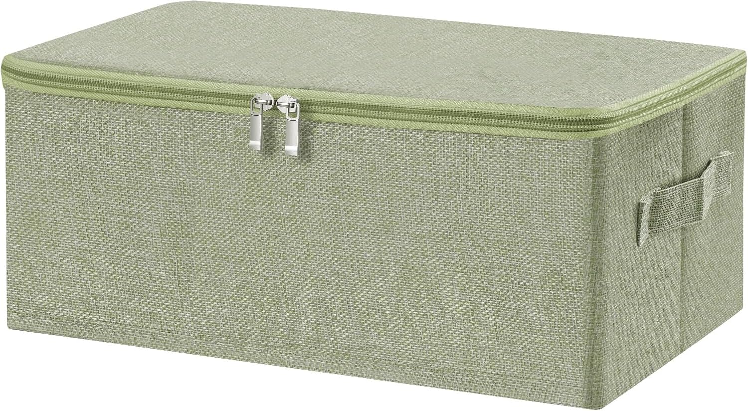 ANMINY Fabric Storage Bins with Zipper Lids, 15"x10"x6", Green, 1 PCS | 15.6Qt Cotton Linen Storage Box, PP Board Frame, Washable Collapsible, with Handles & 3-side Open Lid, Stackable, Small