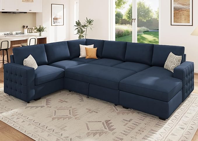 HONBAY Sleeper Sectional Couch with Pull-Out Bed Sectional Sleeper Sofa Pull Out Bed with Storage Chaise, 6 Seaters Couch for Living Room, Velvet Blue