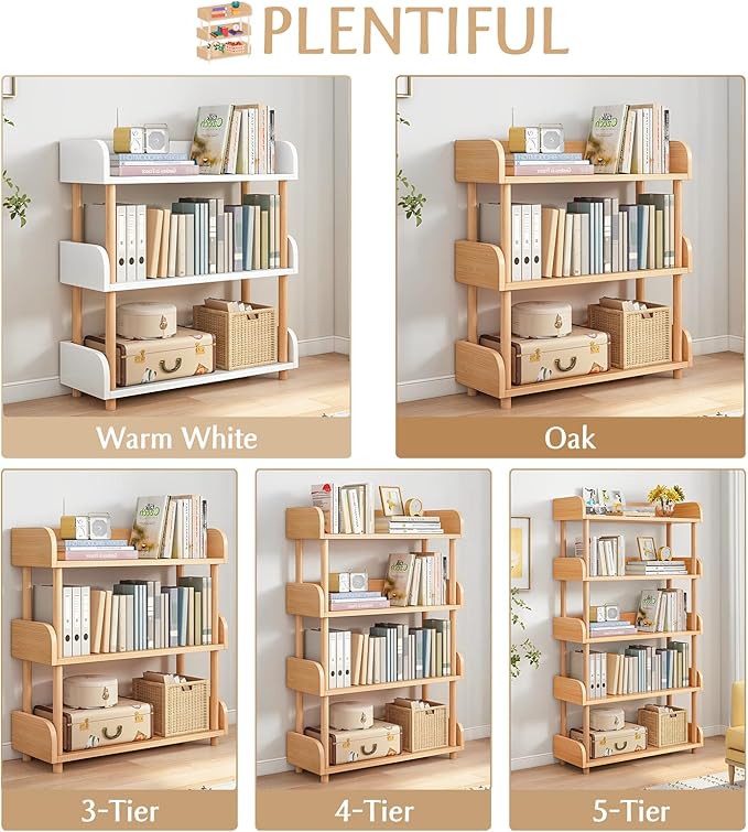 3-Tier Wooden Open Bookcase - Modern Display Bookshelf with Top Edge and Soli...