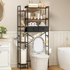 Over The Toilet Storage Shelf with Drawer, 3-Tier Above Toilet Bathroom Organizer with 4 Adjustable Side Shelves, Space Saver Freestanding Rack with Holder & Hook for Laundry Kitchen (Brown)