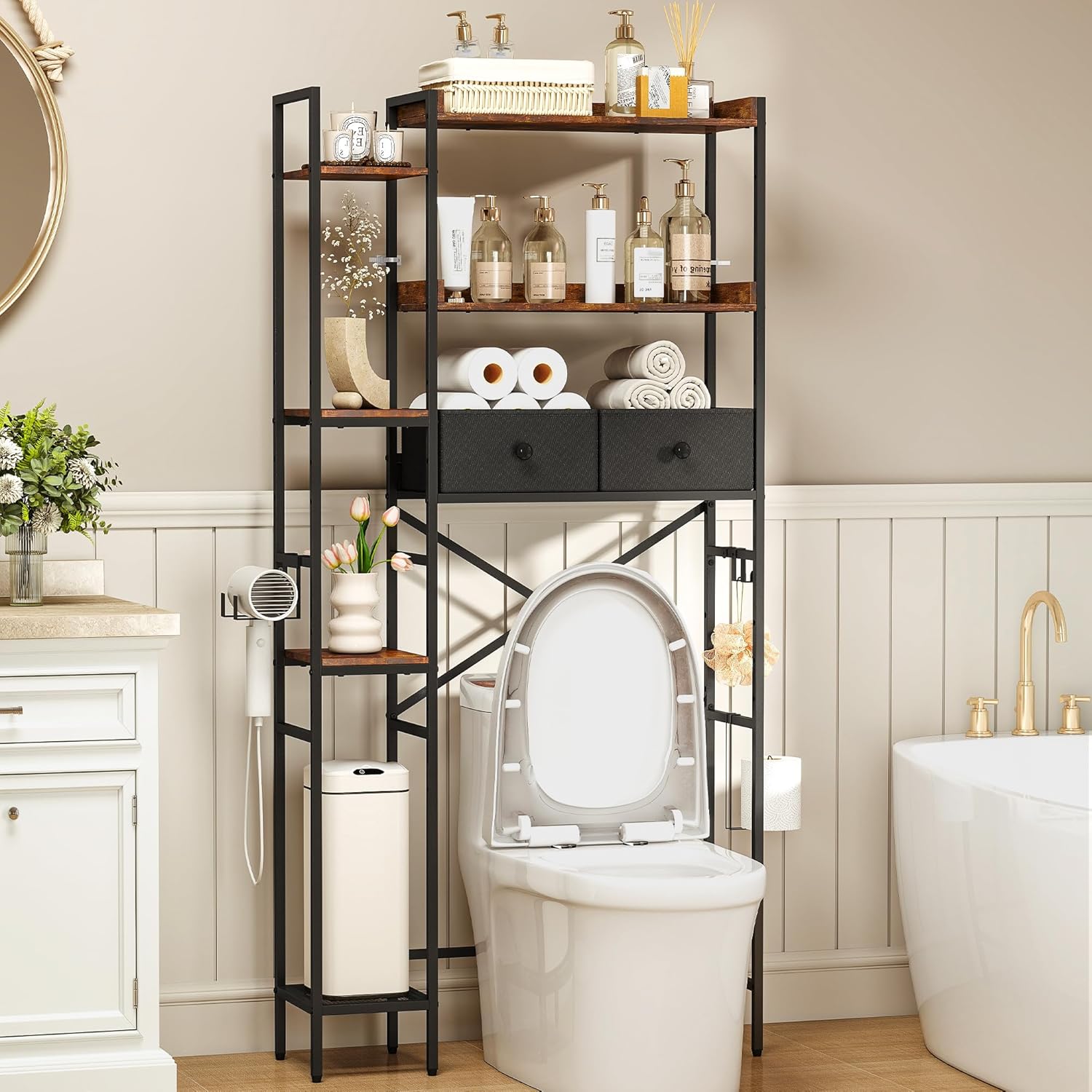 Over The Toilet Storage Shelf with Drawer, 3-Tier Above Toilet Bathroom Organizer with 4 Adjustable Side Shelves, Space Saver Freestanding Rack with Holder & Hook for Laundry Kitchen (Brown)