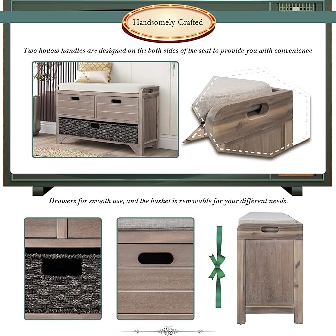 Merax Modern Wood Storage Bench with 2 Drawers and 1 Rattan Baskets for Living Room Bed Room Entryway Natural