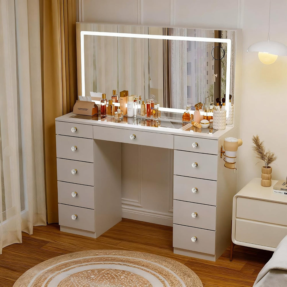 Pamapic Glass Top Vanity Desk with Crystal Handles and 11 Drawers, Makeup Van...