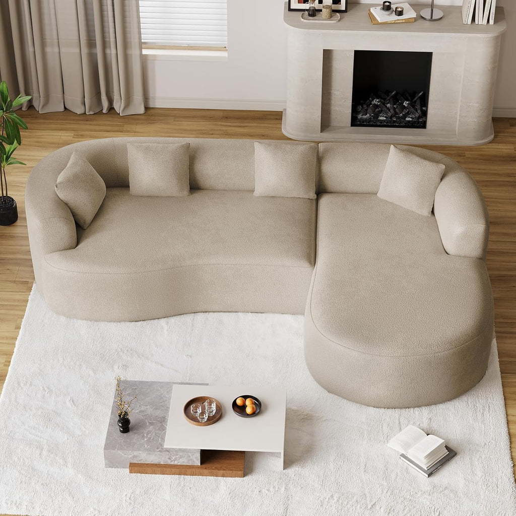 Luxury Modern Tight Curved Back Sofa, 111" Minimalist Style Comfy Couch for Living Room, 4 Seater Modular Chenille Sectional with 4 Throw Pillows,No Assembly Needed,Light Brown(Right-Facing Chaise)