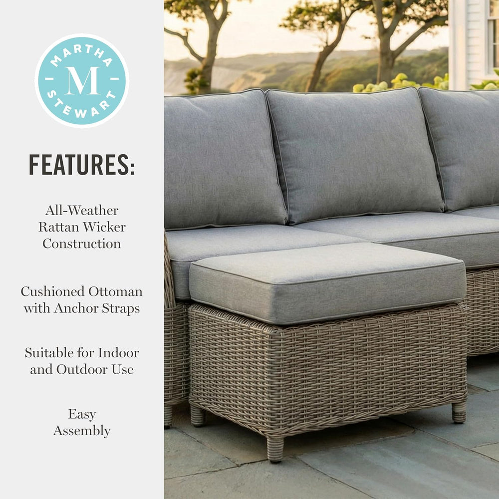 Martha Stewart Lily Pond Rattan Wicker Indoor-Outdoor Patio Ottoman in Weathe...