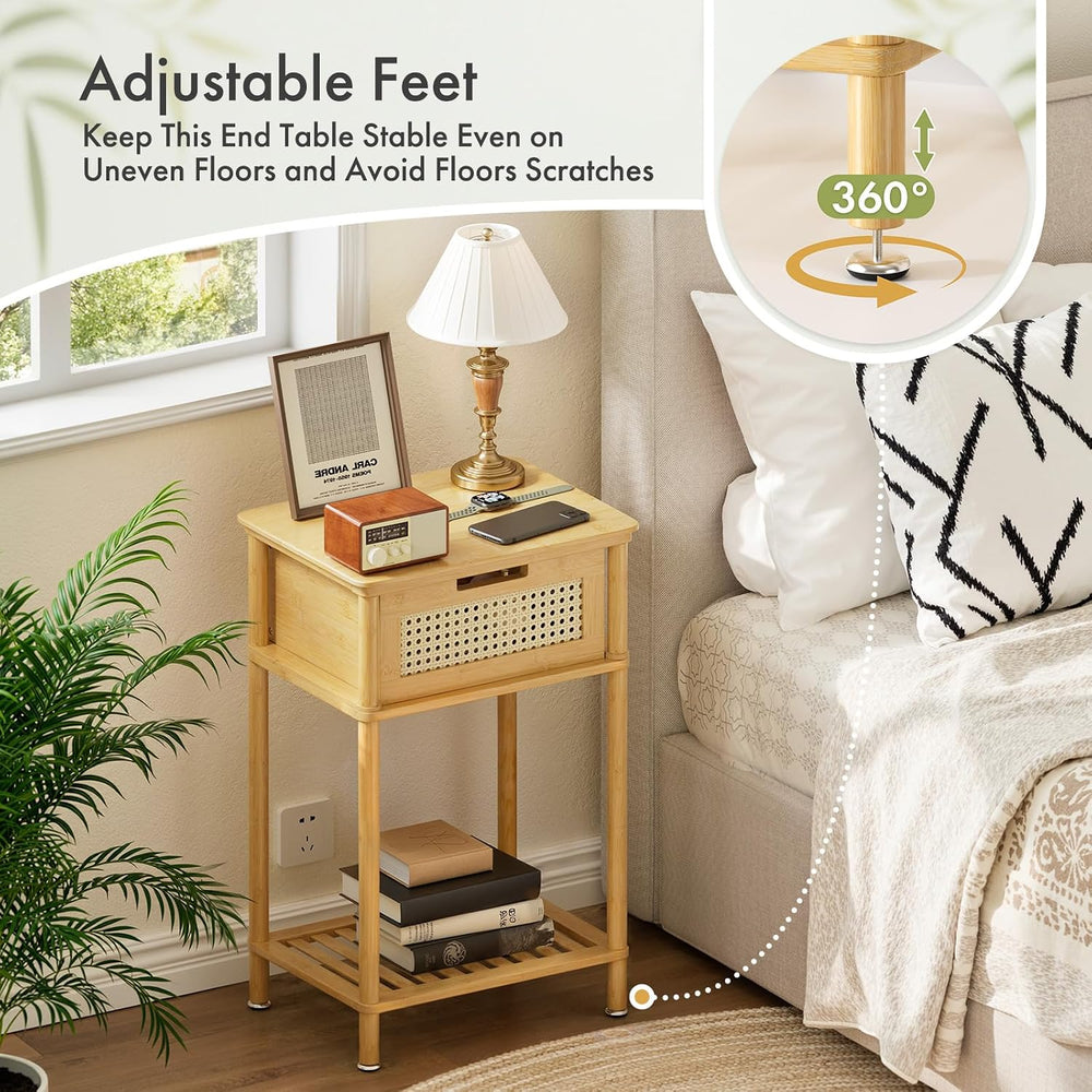 Bamboo Nightstand, Boho Side Table with Drawer and Open Shelf, 3 Tier End Tab...
