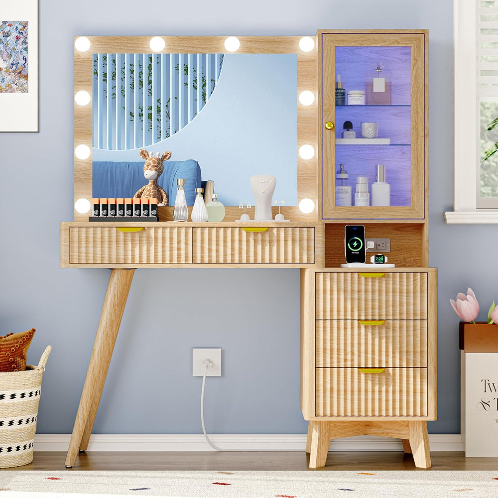 Xixini 45" Fluted Makeup Vanity Desk with Mirror & Lights, Oak