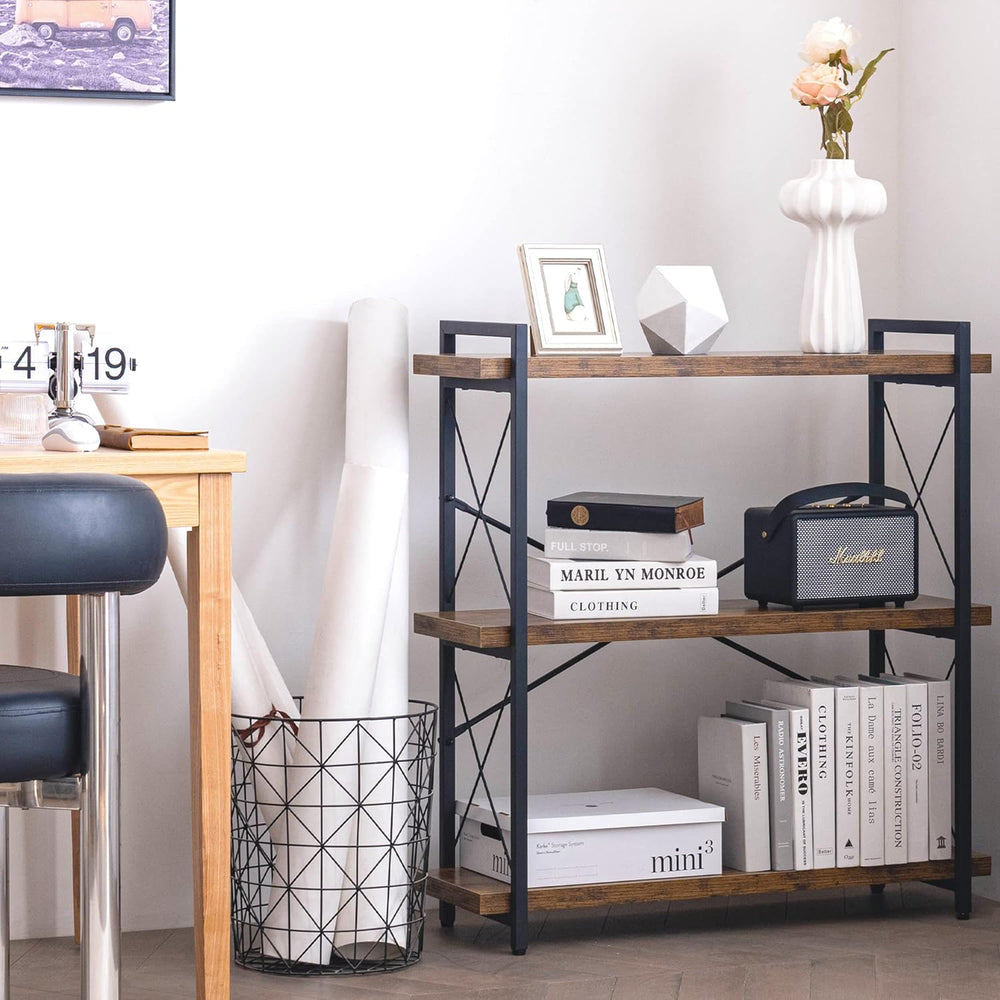 HCHQHS Bookshelf, 3-Tier Industrial Bookcase, Rustic Open Book Shelf, Wood an...