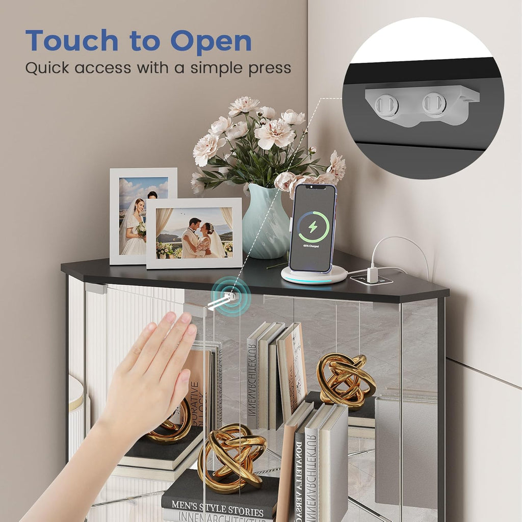 Corner Display Cabinet with Glass Doors, Small Display Case with 3-Color LED Lights and Charging Station, 2-Tier Curio Cabinet with Storage and Shelf, Black