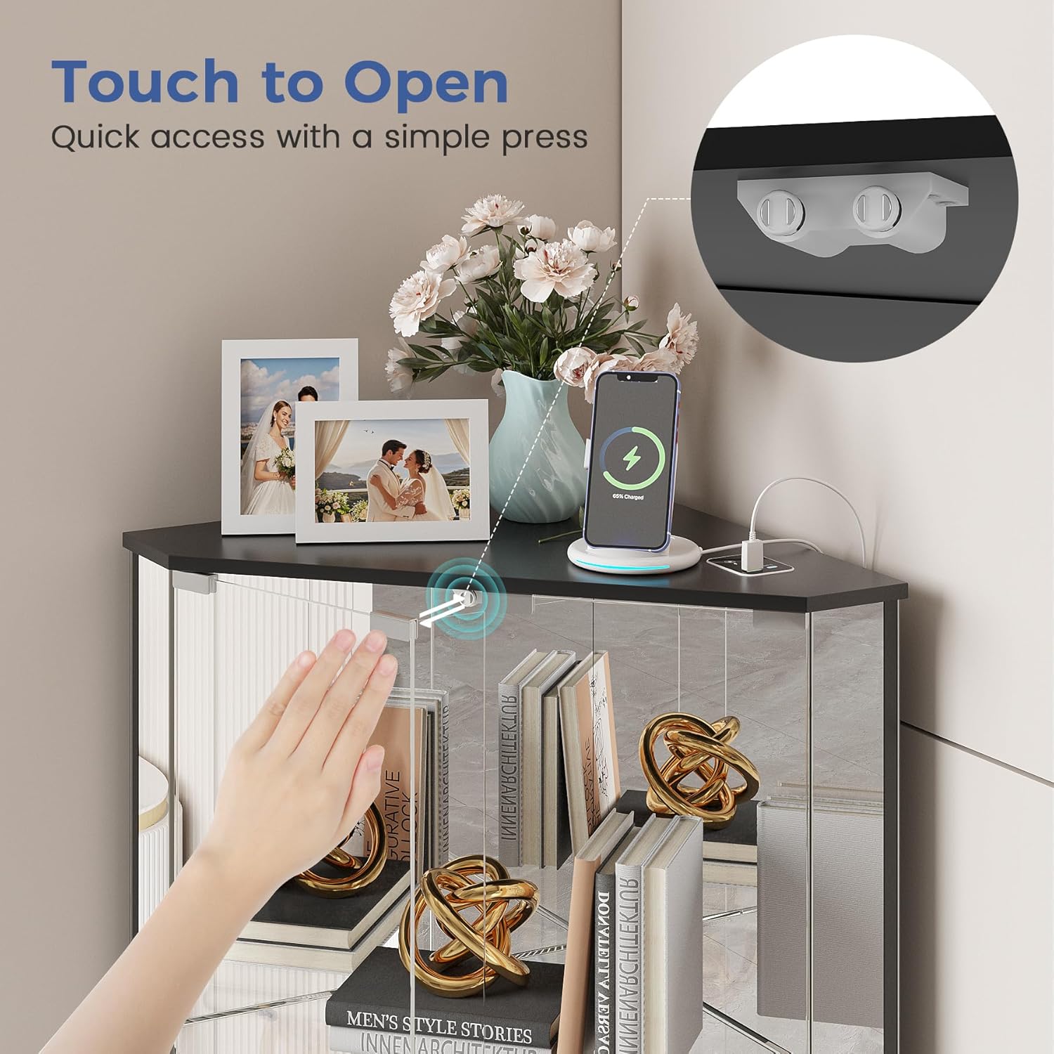 Corner Display Cabinet Set of 2 with Glass Doors, Small Display Case with 3-Color LED Lights and Charging Station, 2-Tier Curio Cabinet with Storage and Shelf, Black