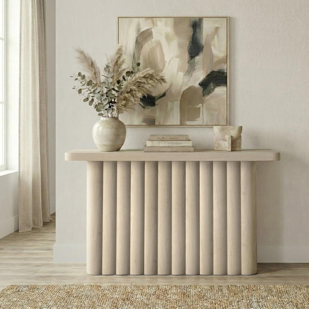 Henn&Hart 55'' Fluted Modern Rectangular Console Table, Ribbed Entryway Table, Sofa Table with Pedestal Base for Entryway, Living Room, Couch, Hallway, or Office, Beech White