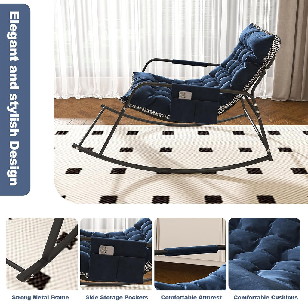 35'' Oversized Nursery Rocking Chair, Upholstered Glider Rocker Nursery Rocking Accent Chair, Recliner Armchair with Side Pocket, Comfy Side Living Room Chairs for Bedroom Nursing Room(Blue)