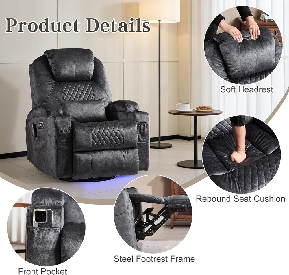 AHMED Dual Motor Power Swivel Rocker Recliner Chair, Velvet Grey | Electric G...