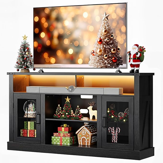 WLIVE Farmhouse TV Stand for 65 Inch TV, Tall Entertainment Center with LED Lights & Storage Cabinets, TV Media Console Table with Adjustable Shelf for Living Room, Bedroom, Home Theater, Black