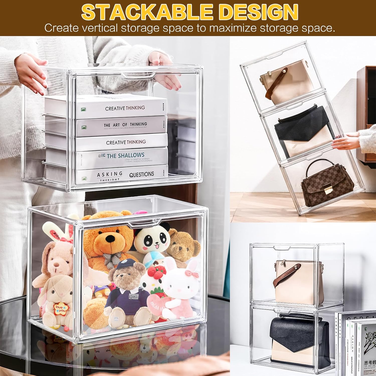 4 Packs Handbag Storage Organizer for Closet, ULENDIS Clear Acrylic Display Case for Purse and Handbag, Stackable Storage Organizer with Magnetic Door for Wallet Book Cosmetic Toys Display