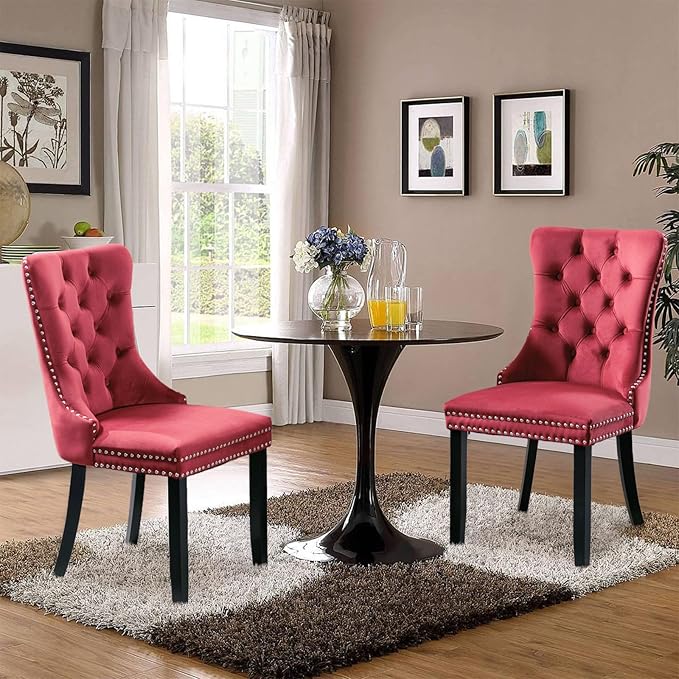 Velvet Upholstered Dining Chairs Set of 2, Modern Style Kitchen Side Chairs with Nailhead Trim and Wood Legs,Metal Pulling Ring for Dining Room Living Room(Wine Red,Set of 2)