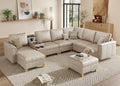 SITJOY 132" Faux Leather Modular Sectional Sofa with Storage, Mid Century Modern Sectional Couches for Living Room, 8 Seat V Shaped Couch with Ottoman and Console Table, Hidden Cupholders, Greige