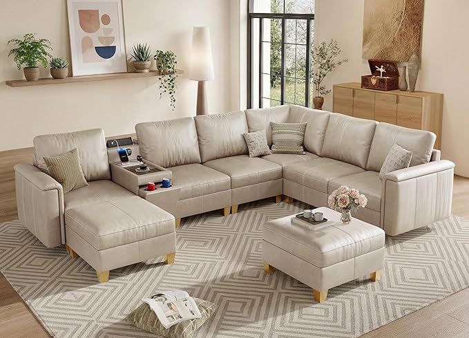 SITJOY 132" Faux Leather Modular Sectional Sofa with Storage, Mid Century Modern Sectional Couches for Living Room, 8 Seat V Shaped Couch with Ottoman and Console Table, Hidden Cupholders, Greige
