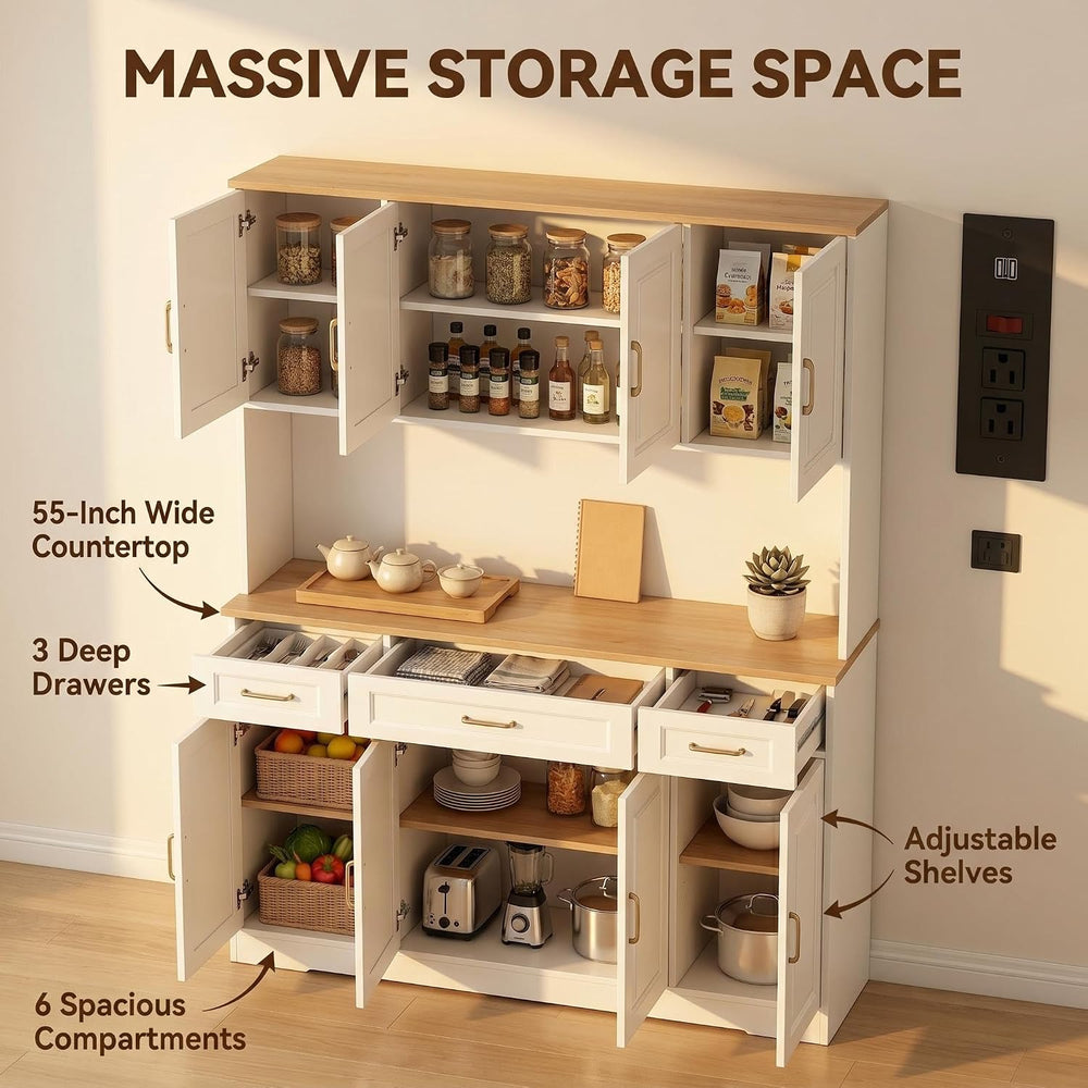 71" Tall Farmhouse Kitchen Pantry Cabinet, 55" Wide Storage Hutch w...