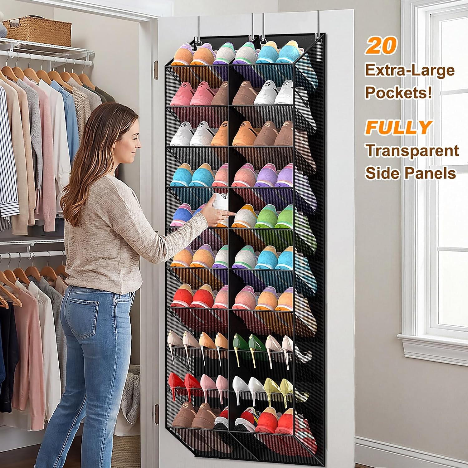 Over the Door Shoe Organizer for 20-30 Pairs, 10-Tier, Black