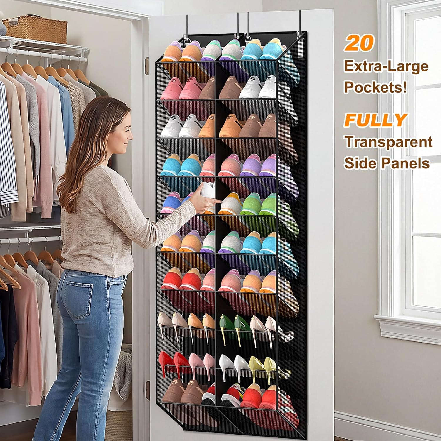Over the Door Shoe Organizer for 20-30 Pairs, 10-Tier, Black