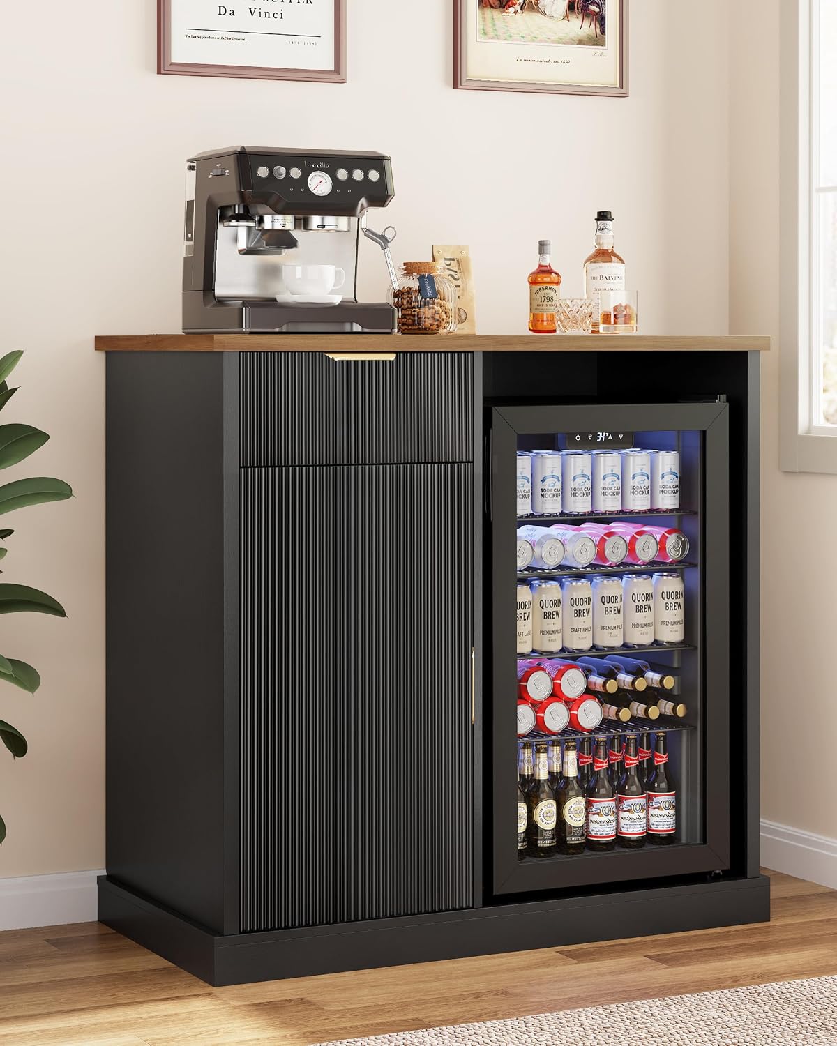 Otterease 39" Fluted Coffee Bar with Fridge Space & Power Outlet, Black | Mini Fridge Cabinet, Mini Fridge Compatible, Wine Bar Cabinet with Power Outlet, Adjustable Shelf, Buffet Sideboard, Home Bar